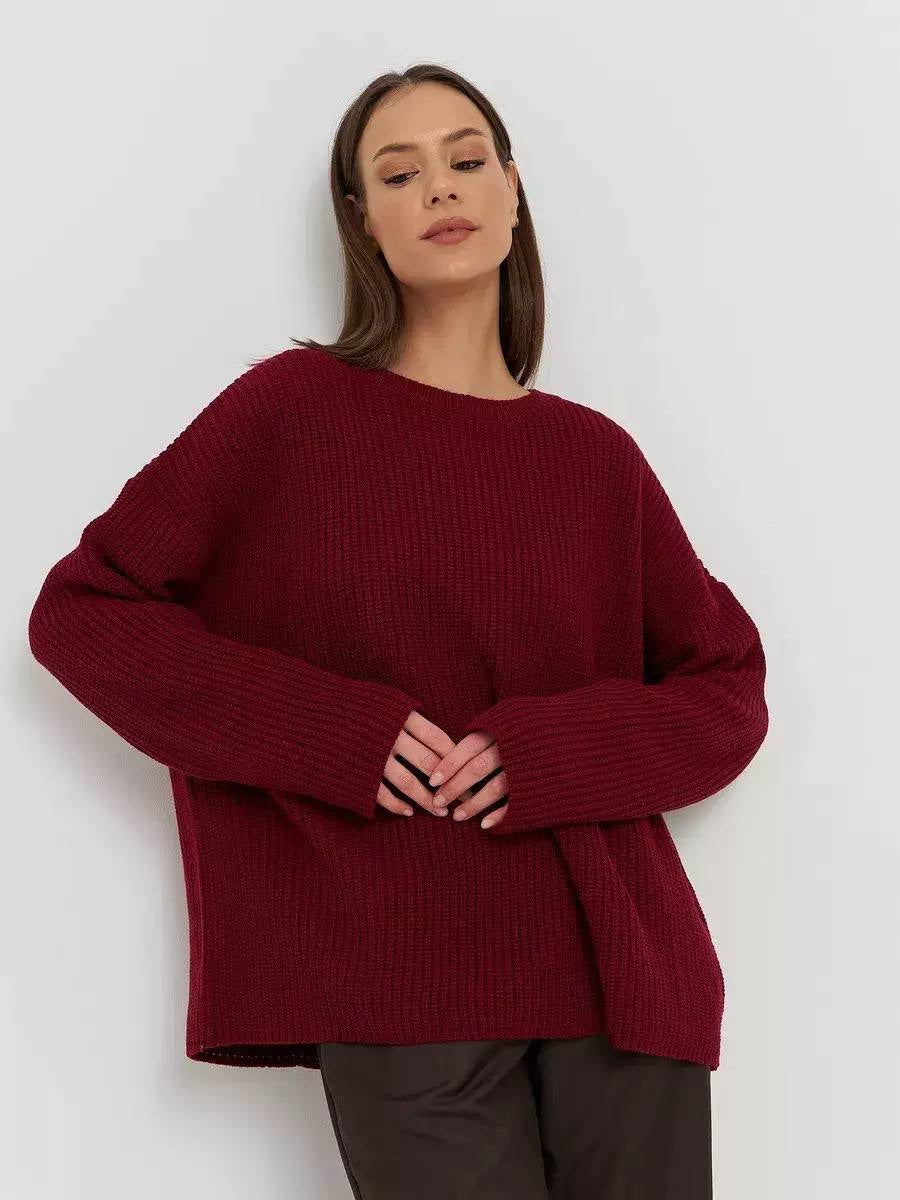 Oversized Crew Neck Knit Sweater With Long Sleeves – Burgundy