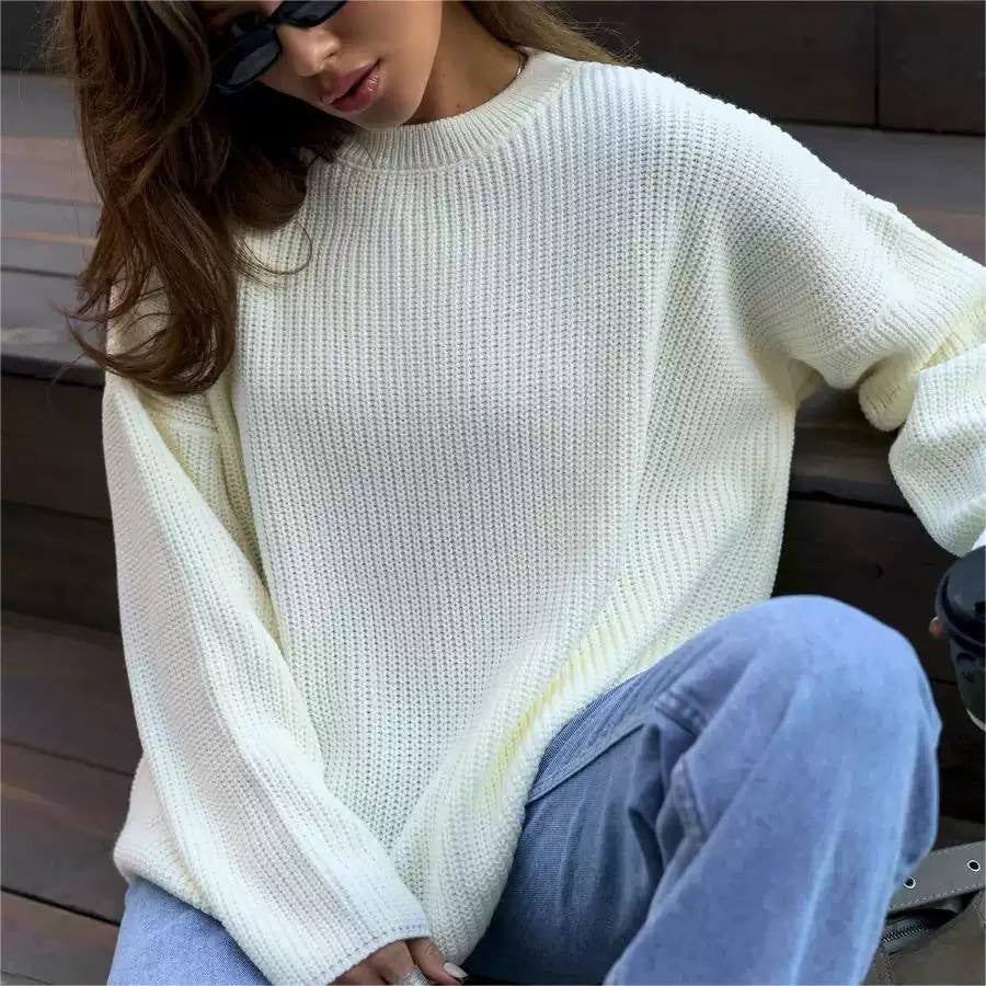 Oversized Crew Neck Knit Sweater With Long Sleeves – Cream