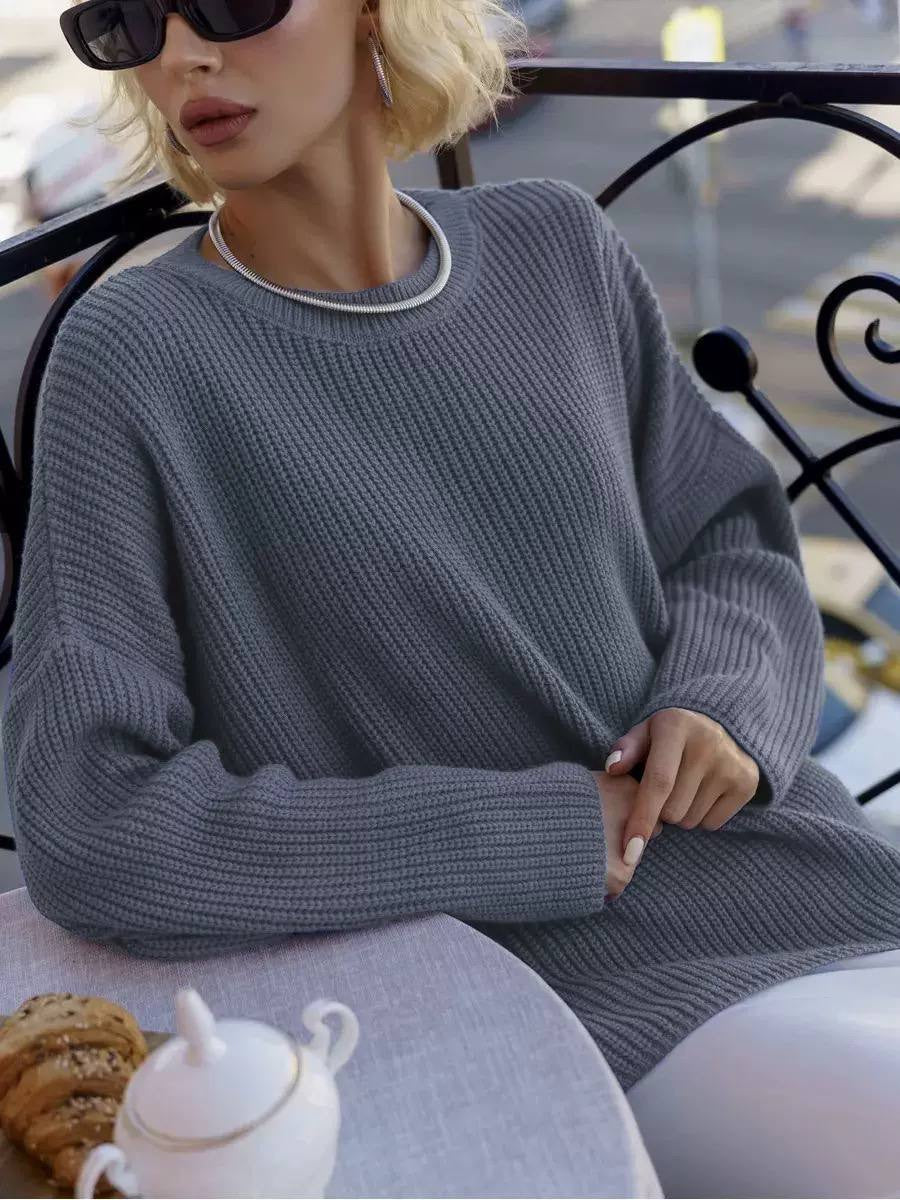 Oversized Crew Neck Knit Sweater With Long Sleeves – Grey