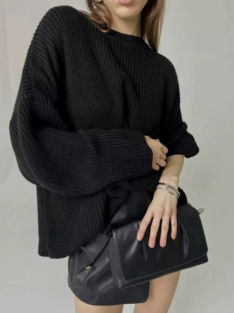 Oversized Crew Neck Knit Sweater With Long Sleeves – Black