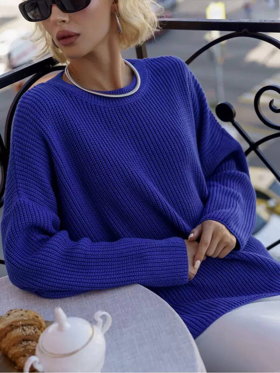 Oversized Crew Neck Knit Sweater With Long Sleeves – Royal Blue