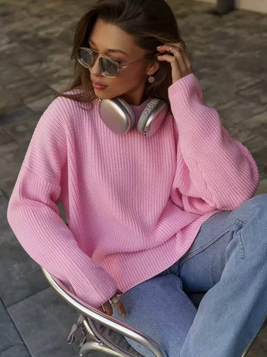 Oversized Crew Neck Knit Sweater With Long Sleeves – Pink