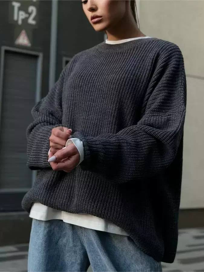 Oversized Crew Neck Knit Sweater With Long Sleeves – Charcoal