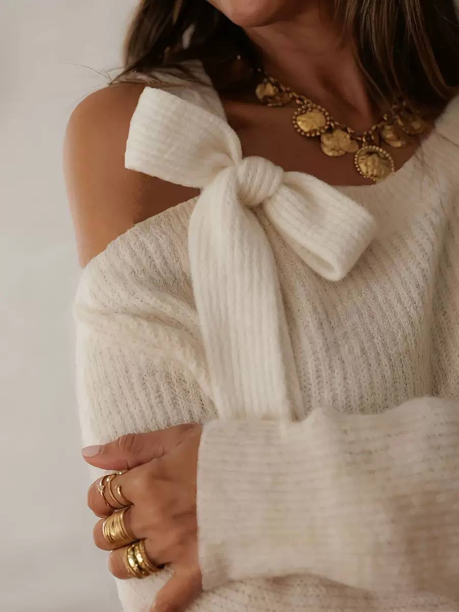 Bow Detail Cold Shoulder Long Sleeve Sweater – Cream