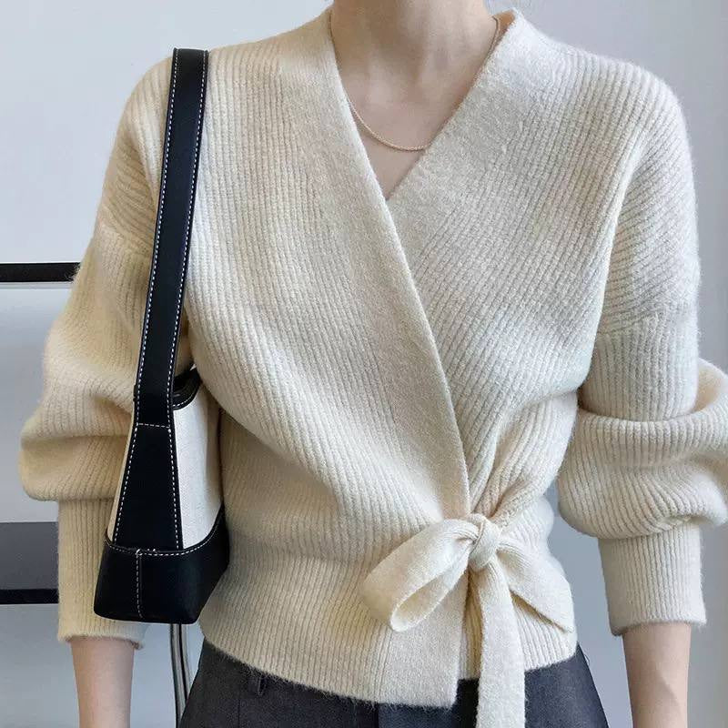 Ribbed V-Neck Wrap Cardigan With Side Tie Waist – Ivory