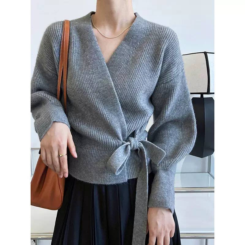 Ribbed V-Neck Wrap Cardigan With Side Tie Waist – Grey