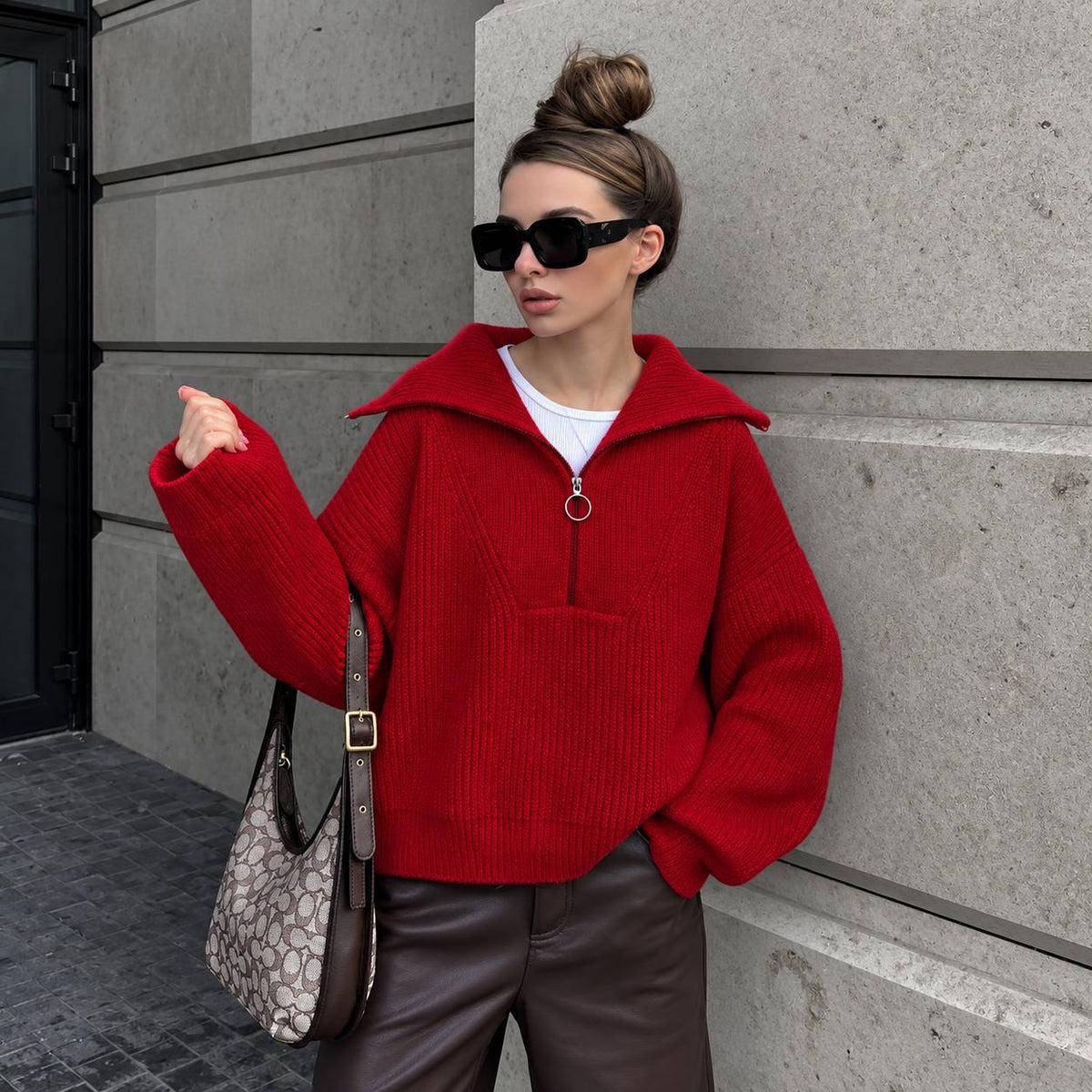 Relaxed Half-Zip Knit Sweater With Wide Foldover Collar – Red