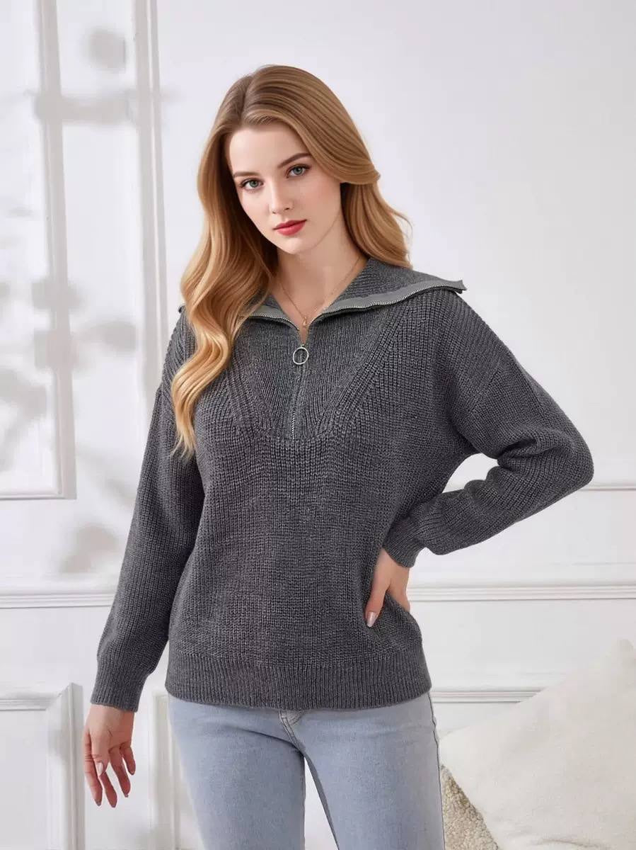 Relaxed Half-Zip Knit Sweater With Wide Foldover Collar – Dark Grey