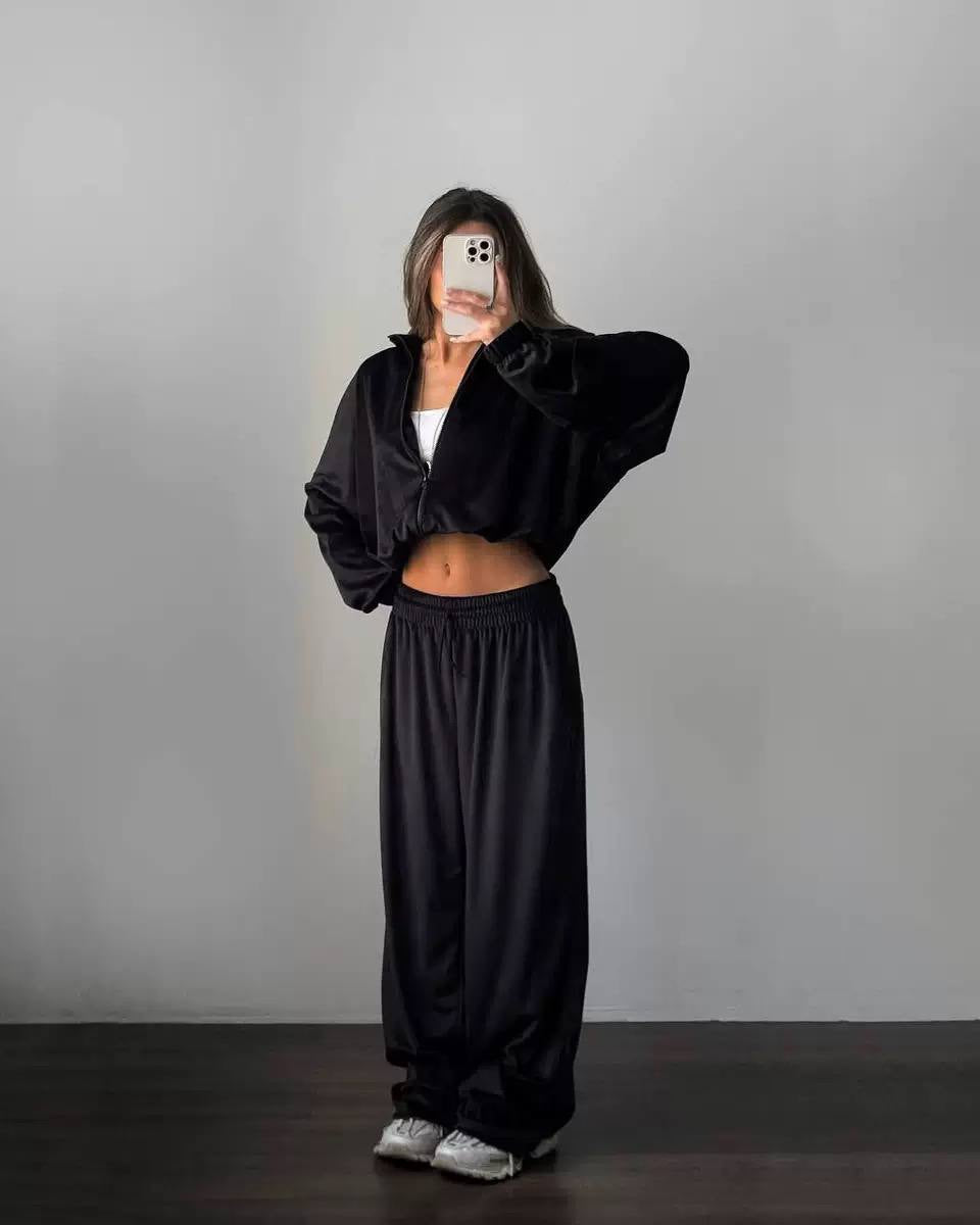 Cropped Zip-Up Jacket and Wide-Leg Pants Set – Black