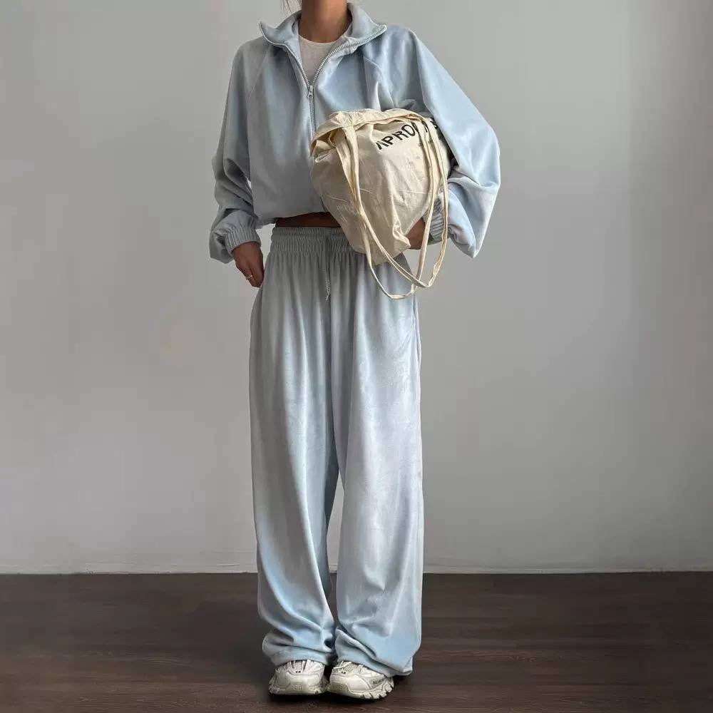 Cropped Zip-Up Jacket and Wide-Leg Pants Set – Light Blue