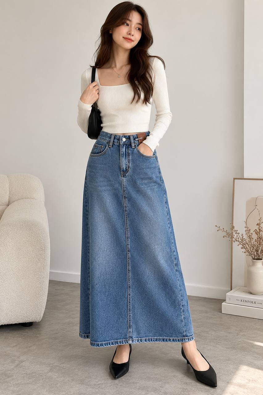 High-Waisted A-Line Maxi Skirt With Back Slit – Blue