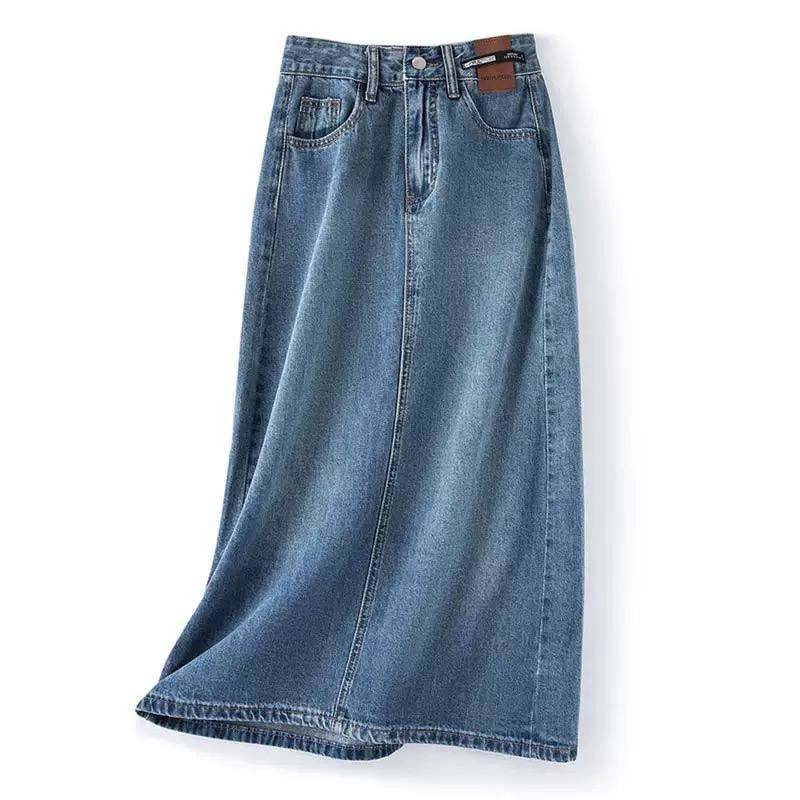 High-Waisted A-Line Maxi Skirt With Back Slit – Blue