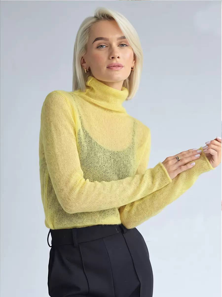 Sheer Knit Turtleneck Sweater With Long Sleeves – Yellow