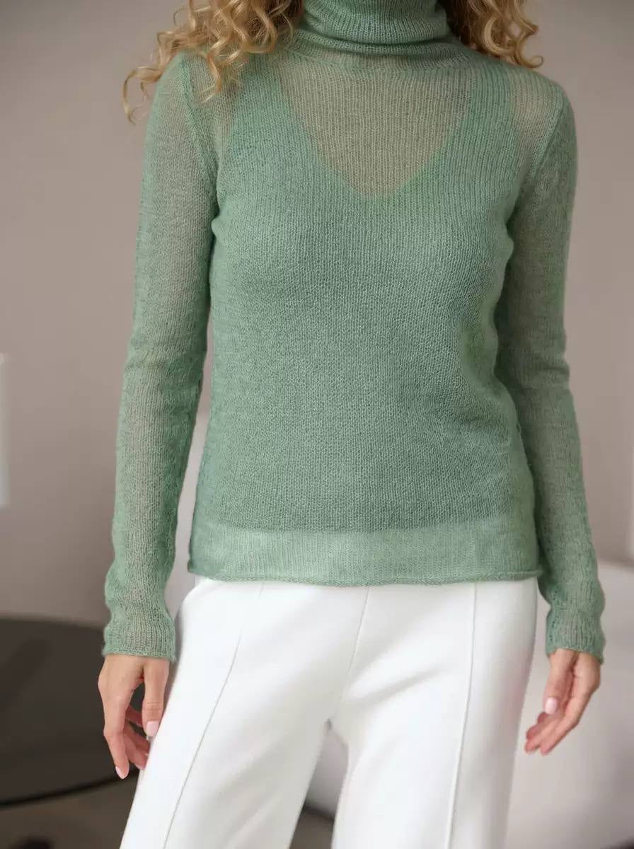 Sheer Knit Turtleneck Sweater With Long Sleeves – Sage Green