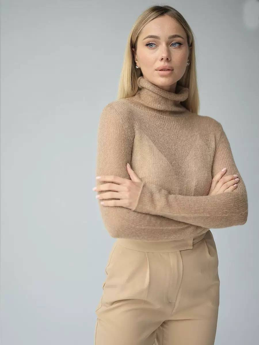 Sheer Knit Turtleneck Sweater With Long Sleeves – Beige