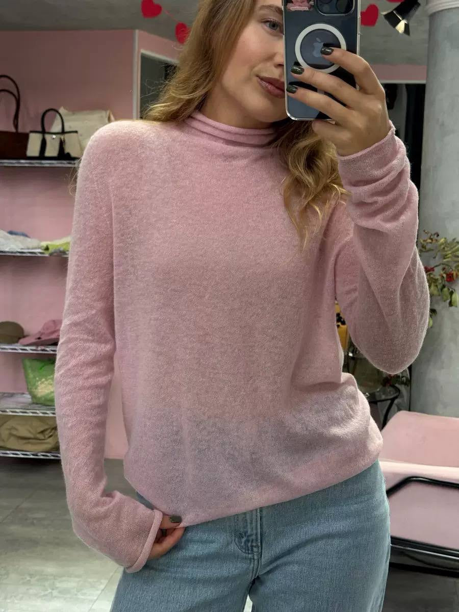 Sheer Knit Turtleneck Sweater With Long Sleeves – Light Pink