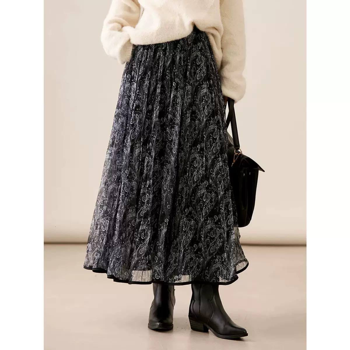 Paisley Print A-Line Maxi Skirt With Sheer Hem – Black Paisley