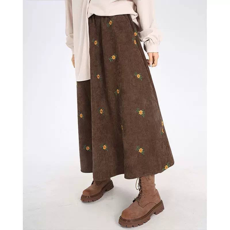 Floral A-Line Midi Skirt With Elastic Waist – Brown Floral