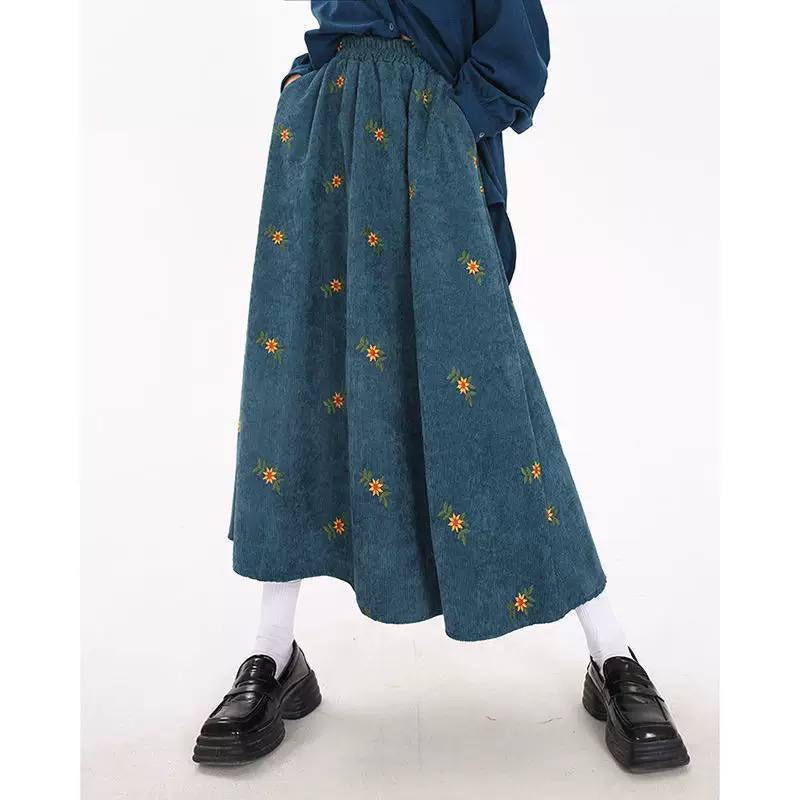 Floral A-Line Midi Skirt With Elastic Waist – Blue Floral