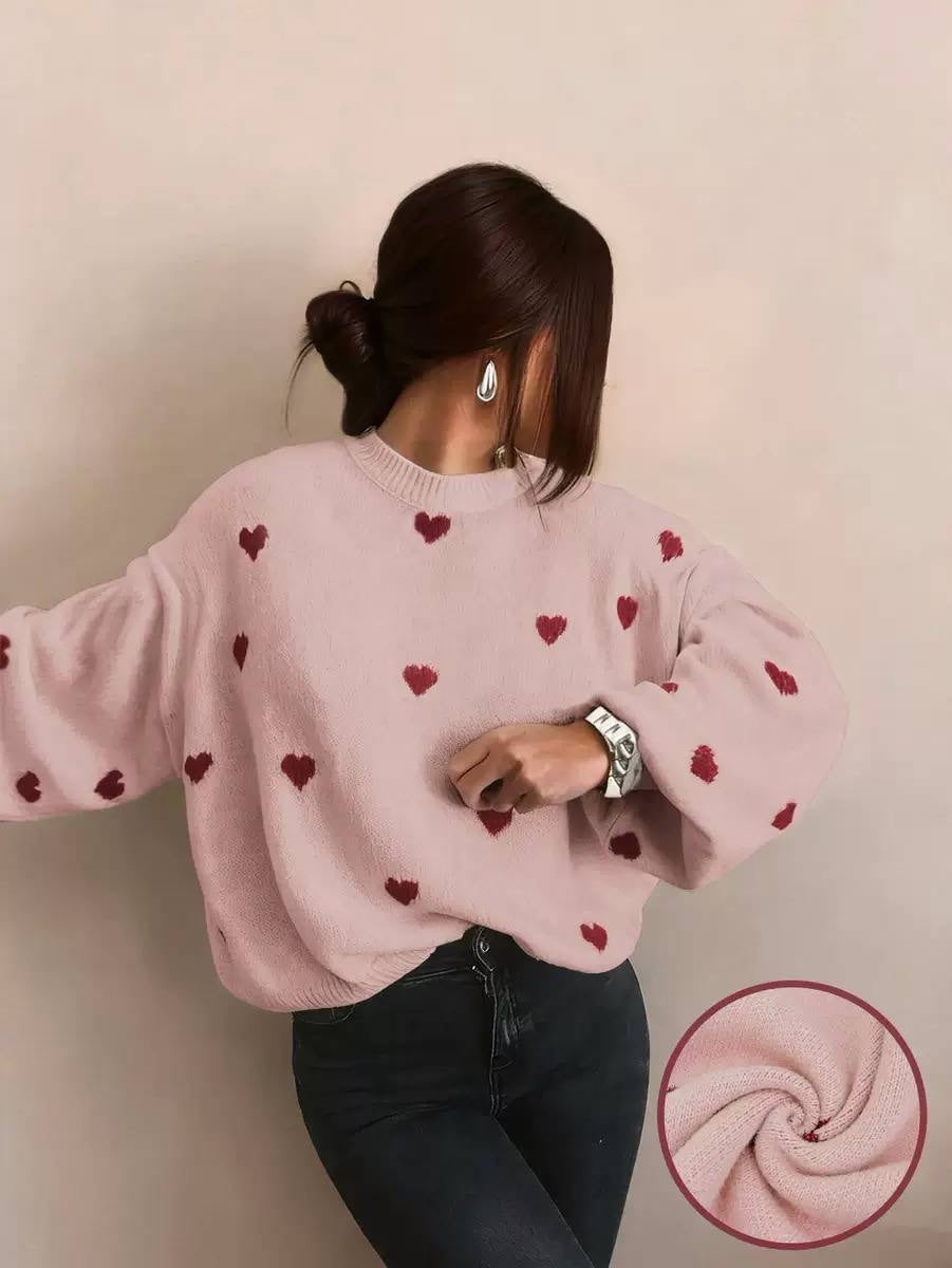 Relaxed Heart Pattern Crewneck Sweater With Long Sleeves – Pink Hearts