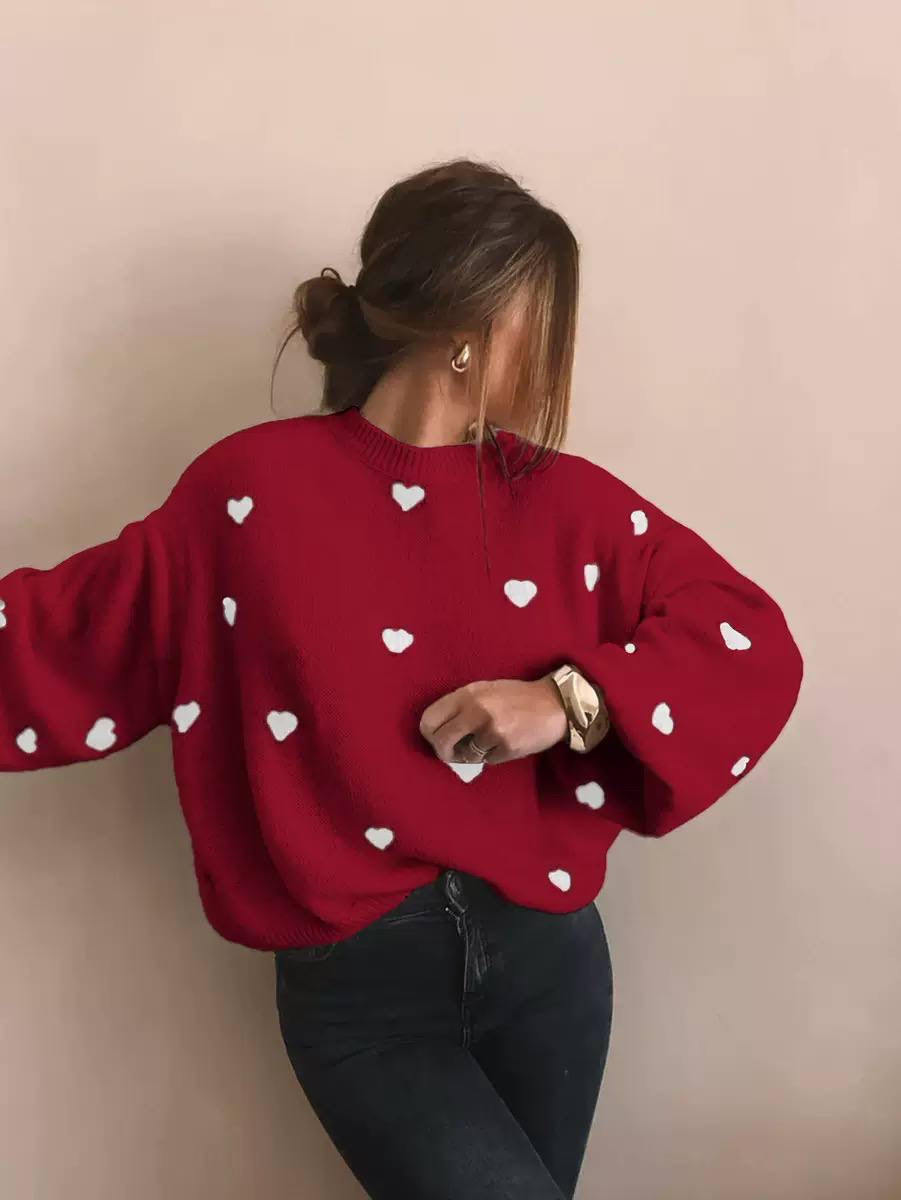 Relaxed Heart Pattern Crewneck Sweater With Long Sleeves – Red Hearts