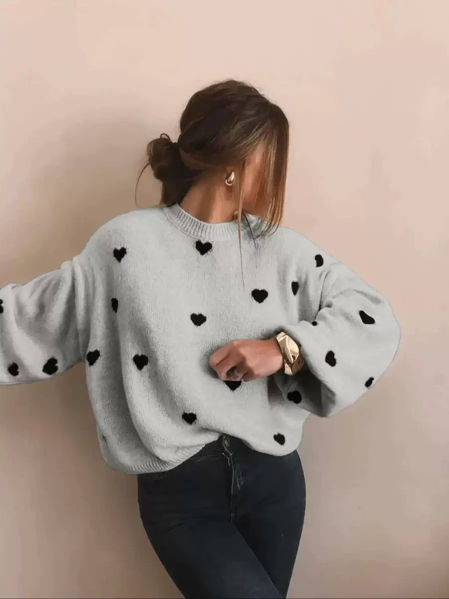 Relaxed Heart Pattern Crewneck Sweater With Long Sleeves – Grey Hearts