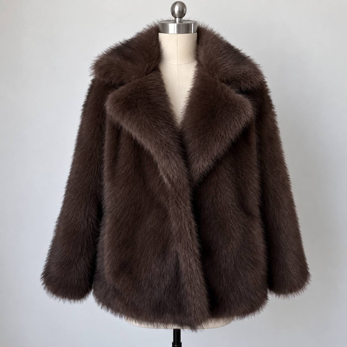 Oversized Textured Coat With Wide Lapels and Long Sleeves – Brown