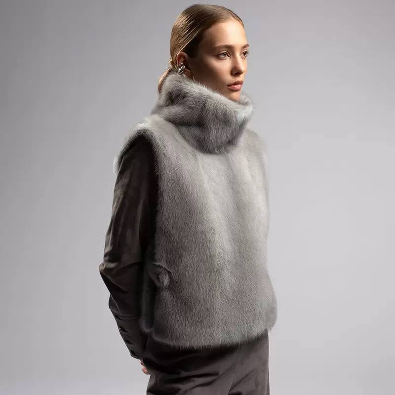 Plush Textured Vest With a High Collar – Grey