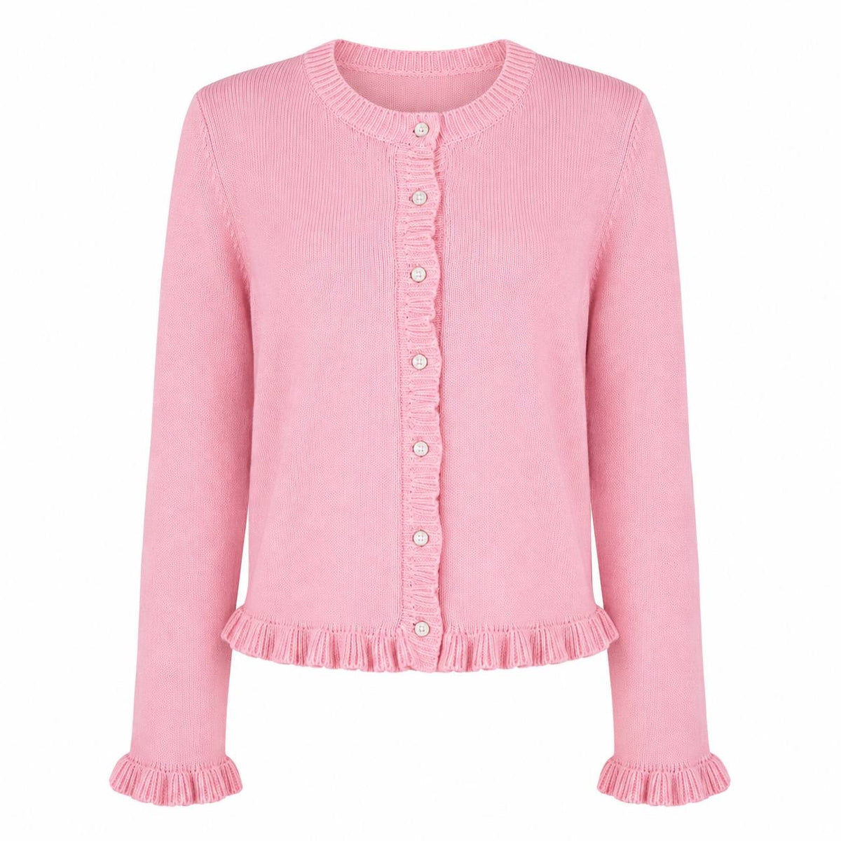 Ruffle Trim Button-Front Cardigan With Long Sleeves – Pink
