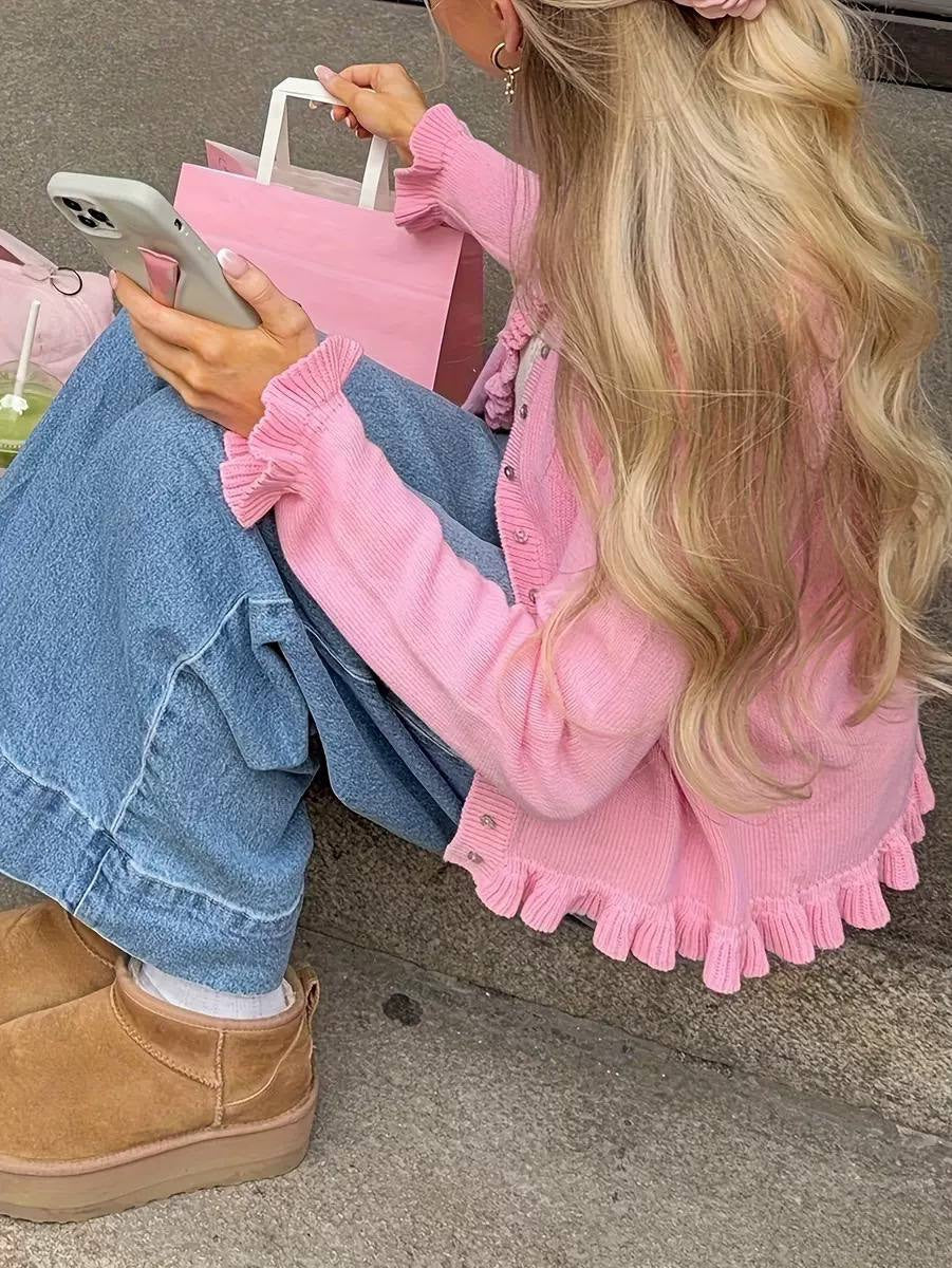 Ruffle Trim Button-Front Cardigan With Long Sleeves – Pink