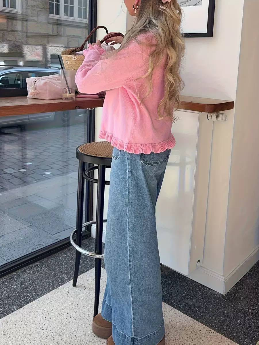 Ruffle Trim Button-Front Cardigan With Long Sleeves – Pink