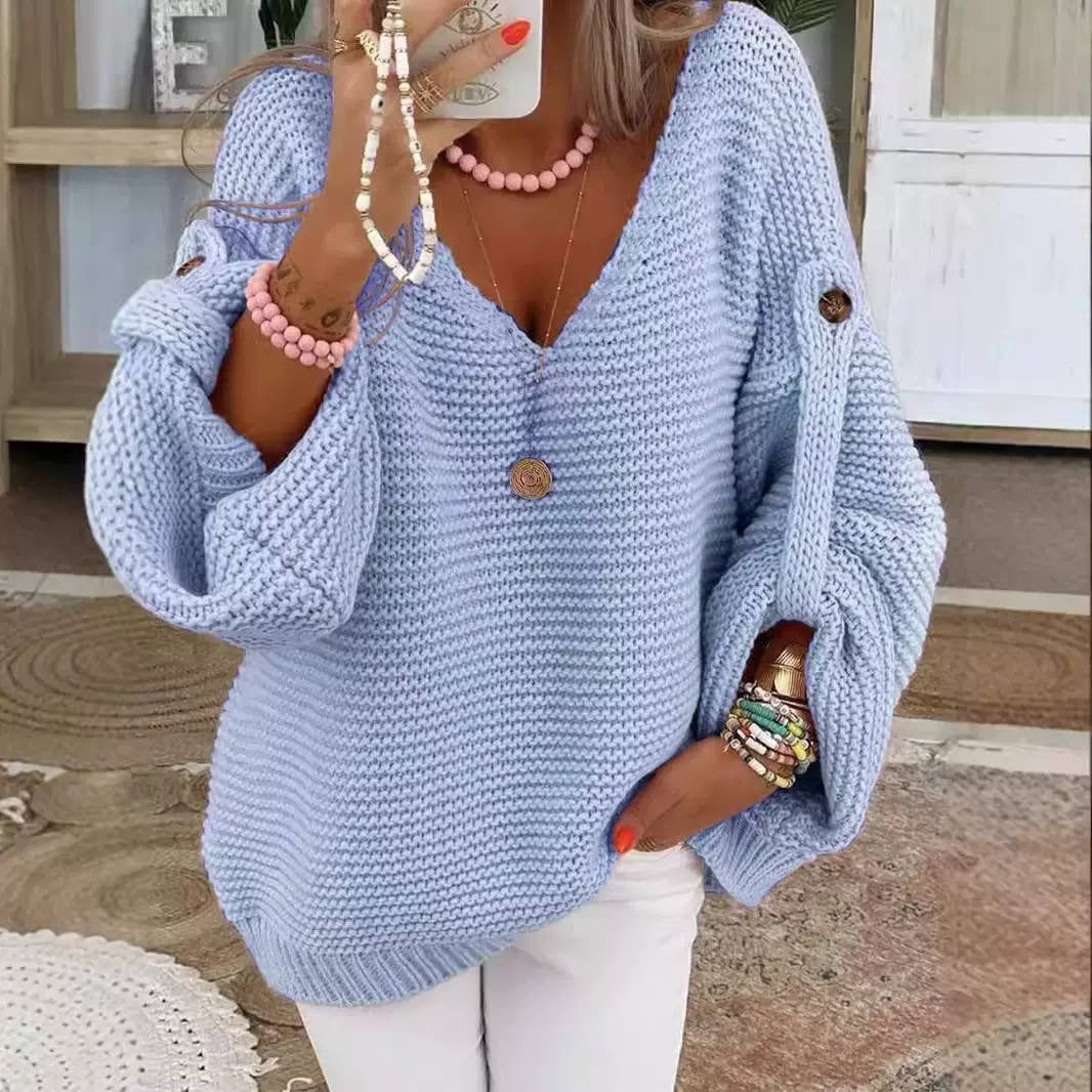 Relaxed V-Neck Knit Sweater With Button-Detail Sleeves – Light Blue