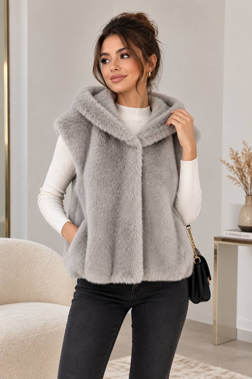Hooded Plush-Texture Vest With Relaxed Fit And Pockets