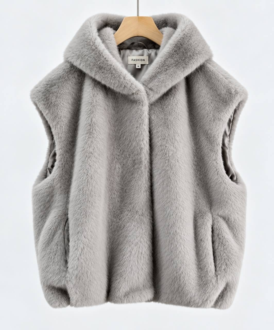 Hooded Plush-Texture Vest With Relaxed Fit And Pockets – Grey