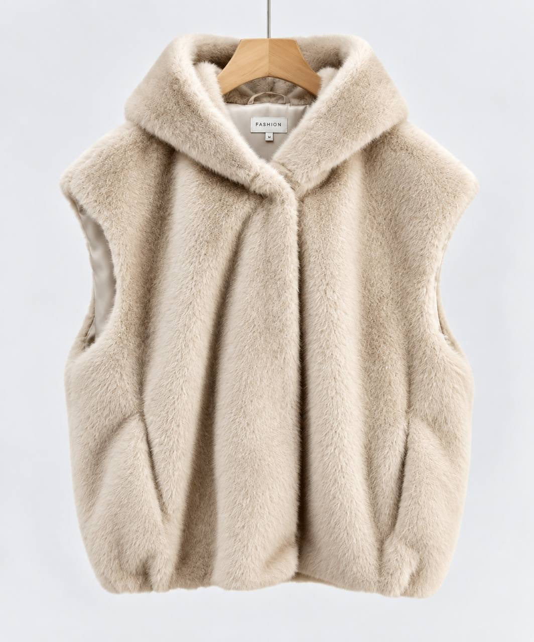 Hooded Plush-Texture Vest With Relaxed Fit And Pockets – Beige