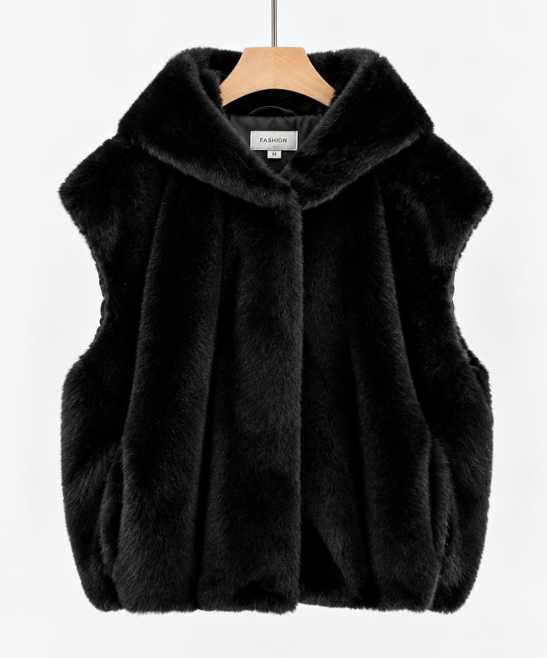 Hooded Plush-Texture Vest With Relaxed Fit And Pockets – Black