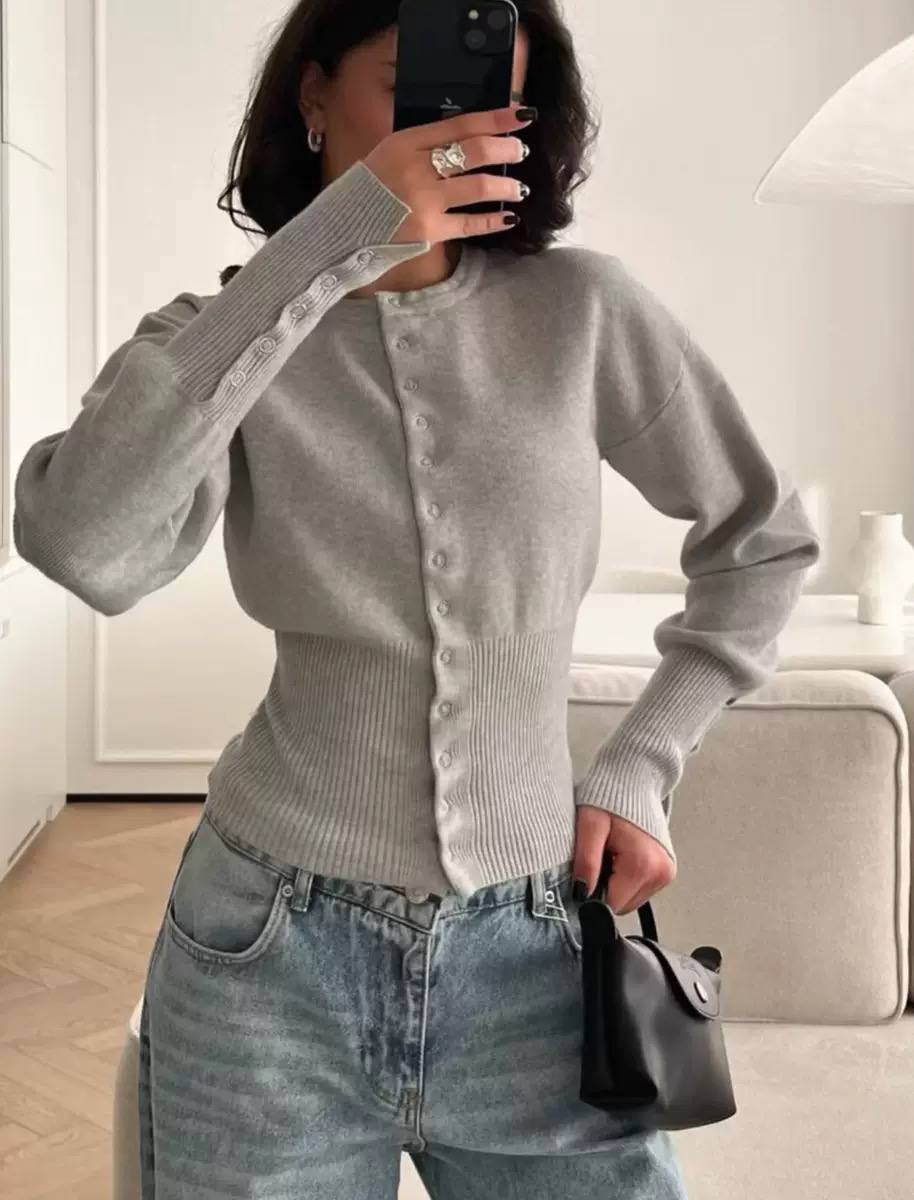 Round Neck Snap-Front Cardigan With Ribbed Waist – Grey