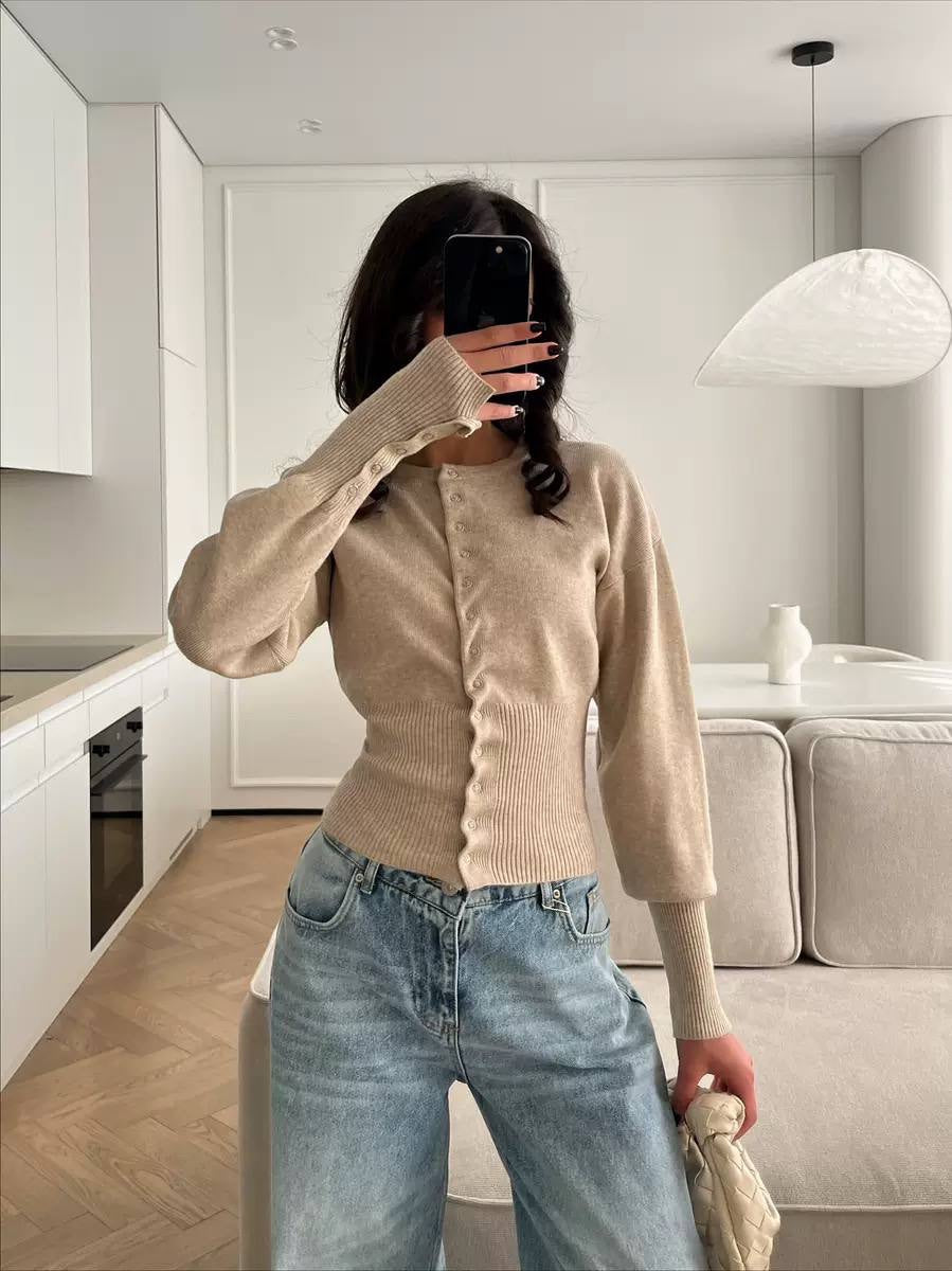 Round Neck Snap-Front Cardigan With Ribbed Waist – Beige