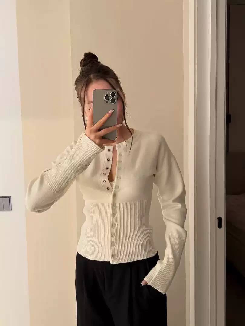 Round Neck Snap-Front Cardigan With Ribbed Waist – Cream
