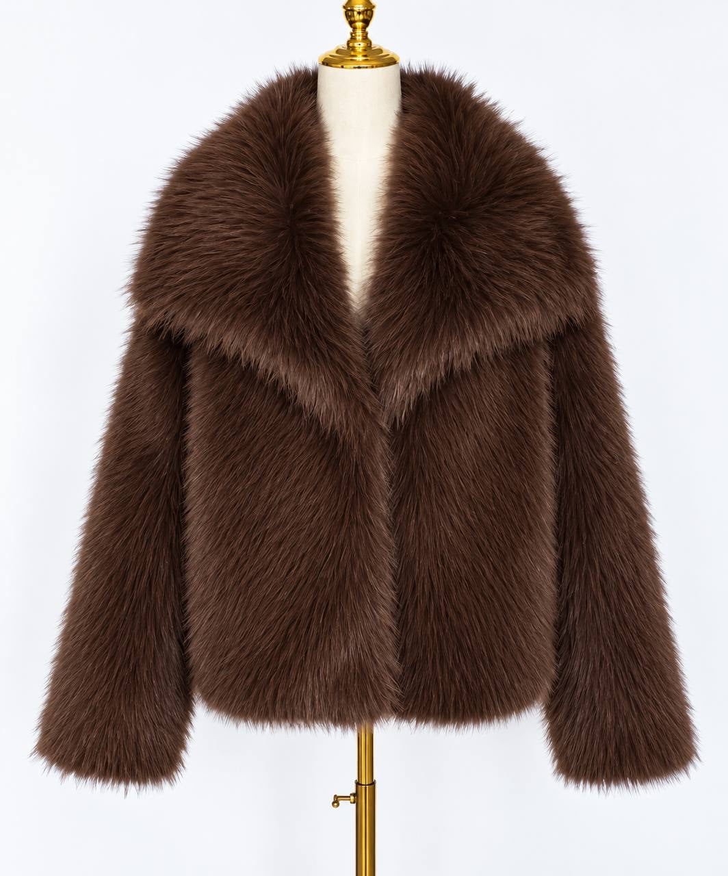 Textured Short Jacket With Oversized Collar – Dark Brown
