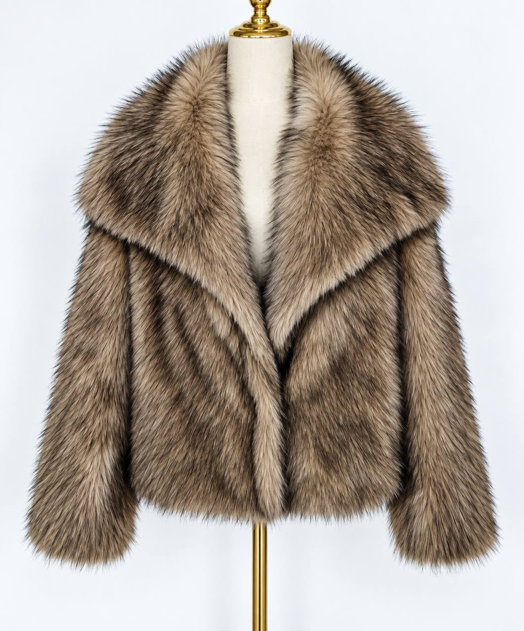 Textured Short Jacket With Oversized Collar – Tan And Black