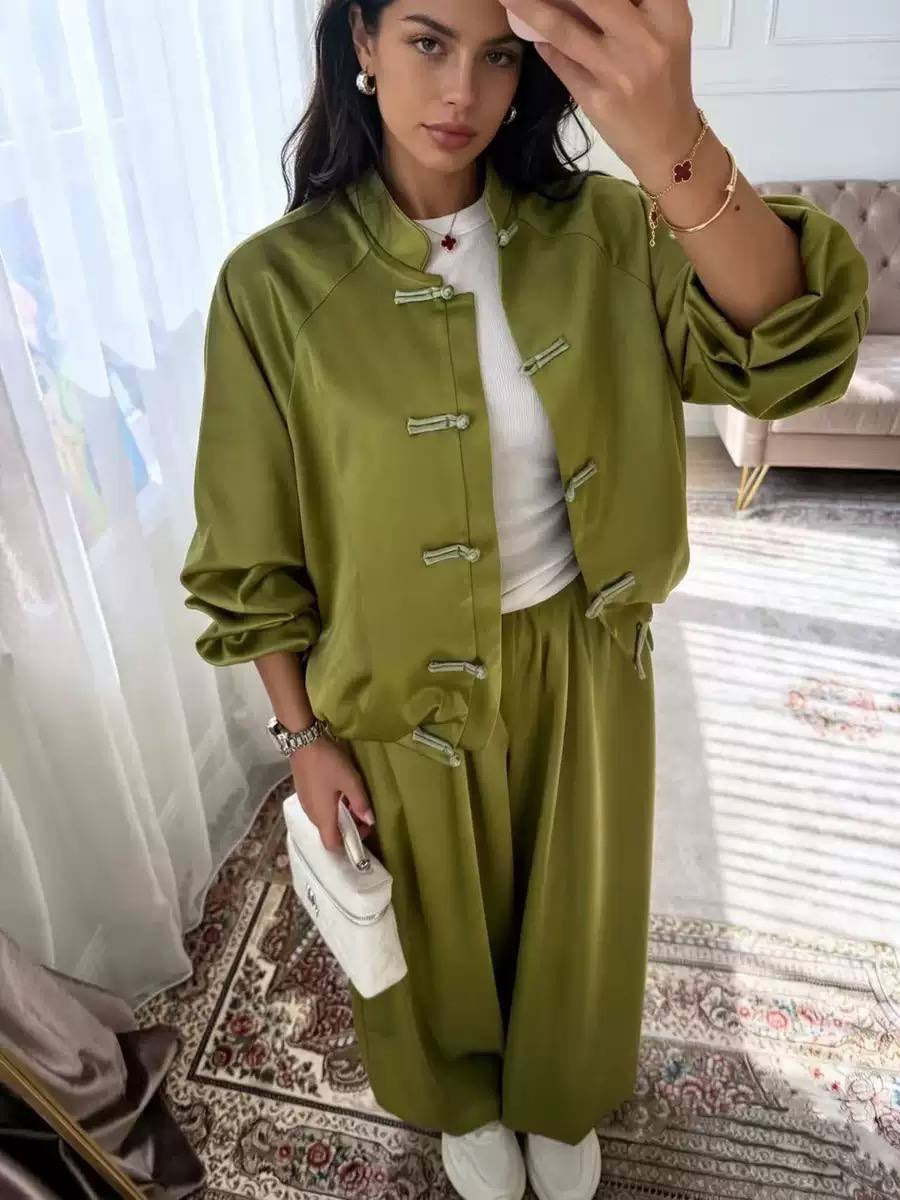 Frog Closure Jacket and Wide Leg Pants Set – Olive Green