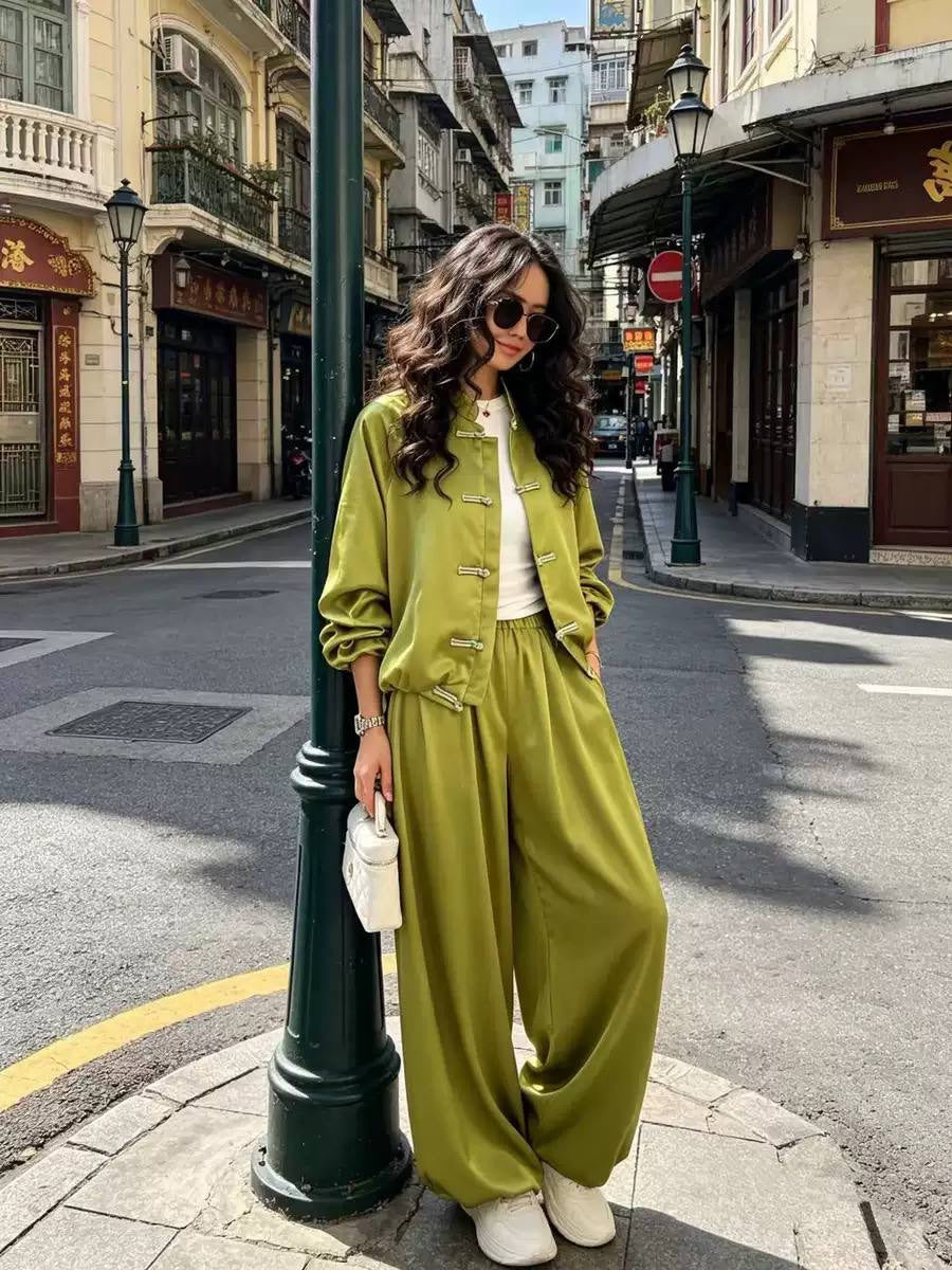 Frog Closure Jacket and Wide Leg Pants Set – Olive Green