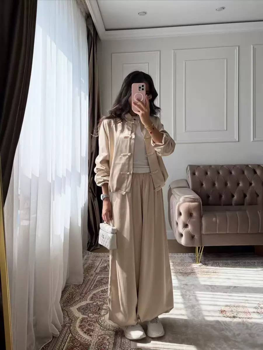 Frog Closure Jacket and Wide Leg Pants Set – Beige
