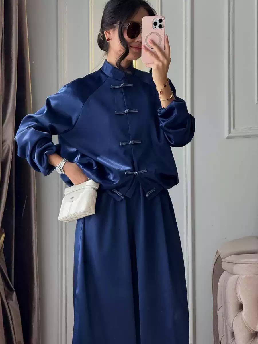 Frog Closure Jacket and Wide Leg Pants Set – Navy