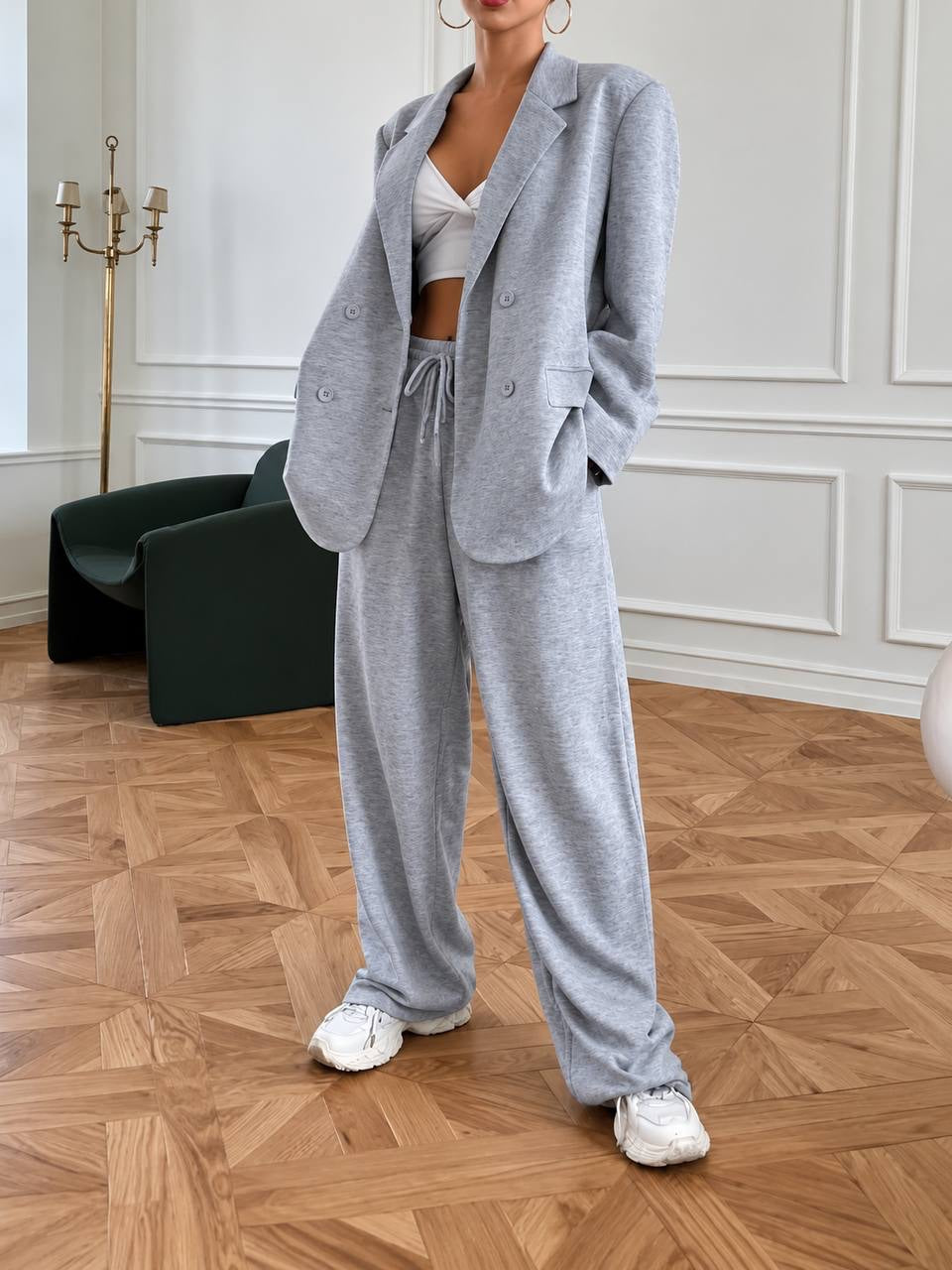 Double-Breasted Blazer and Wide-Leg Drawstring Pants Set – Light Grey