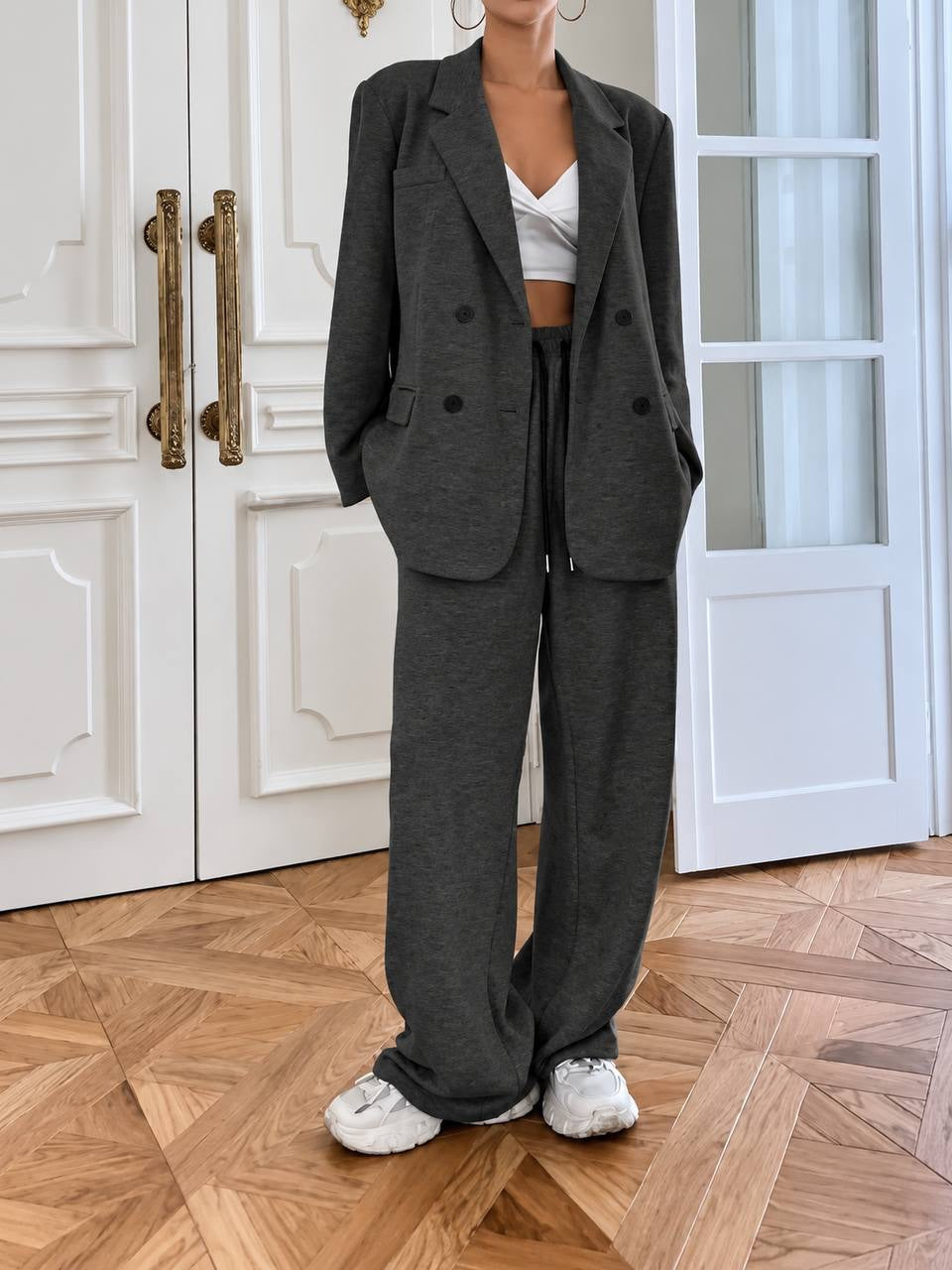 Double-Breasted Blazer and Wide-Leg Drawstring Pants Set – Charcoal