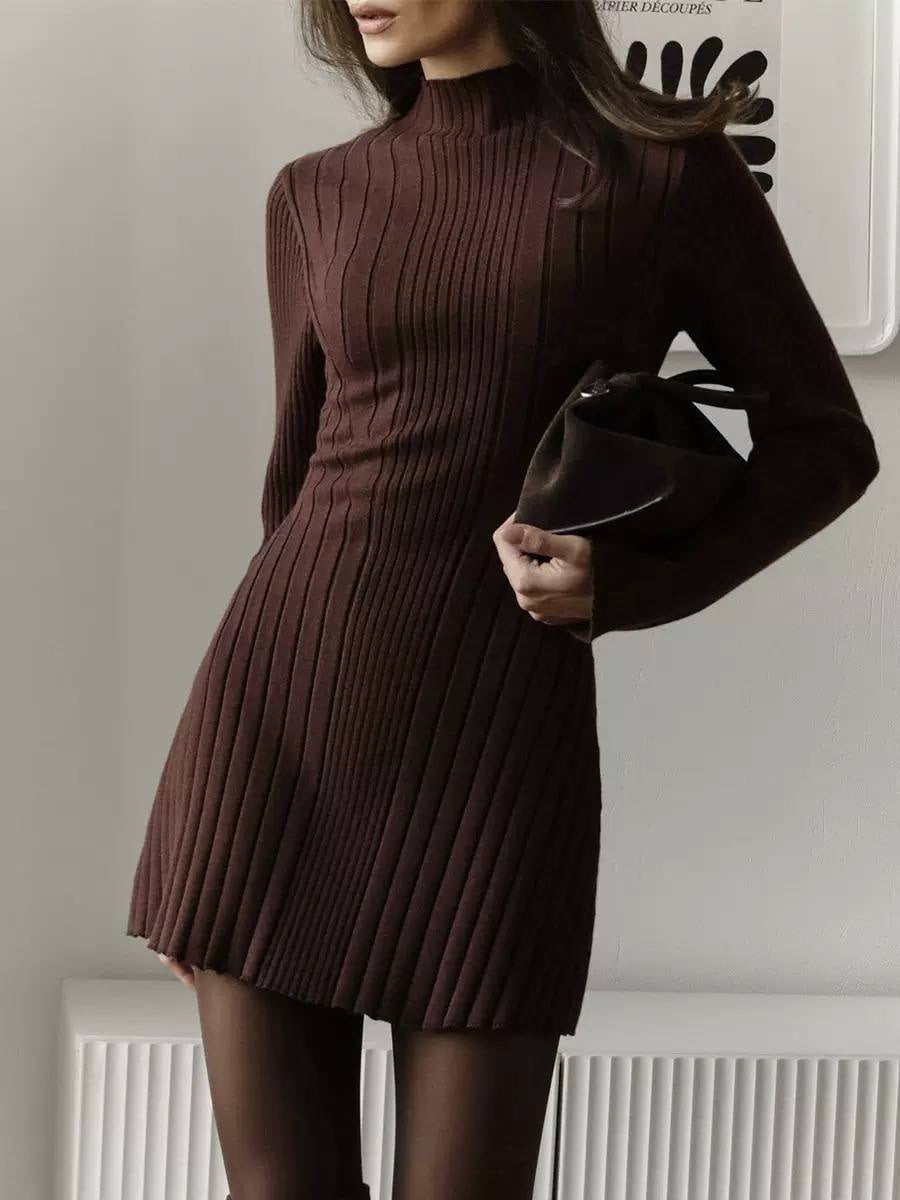 Ribbed Mock Neck Long Sleeve Mini Sweater Dress – Brown