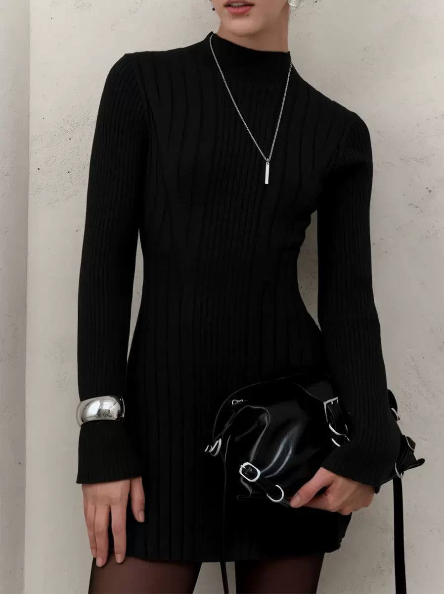 Ribbed Mock Neck Long Sleeve Mini Sweater Dress – Black