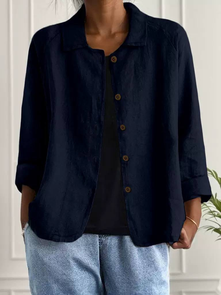 Relaxed Button-Front Collared Jacket With Turned-Up Cuffs – Navy
